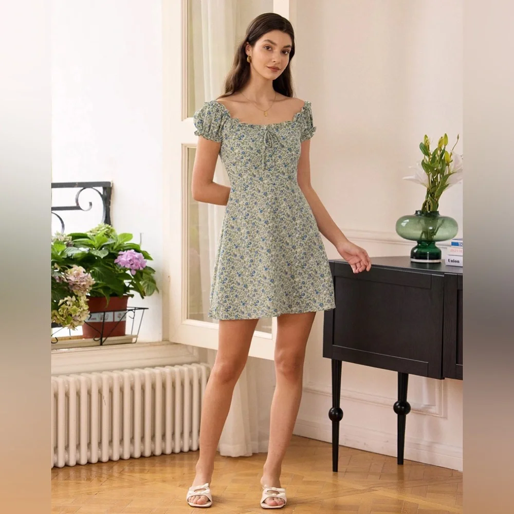RIHOAS Blue Floral Puff-Sleeve Midi Dress